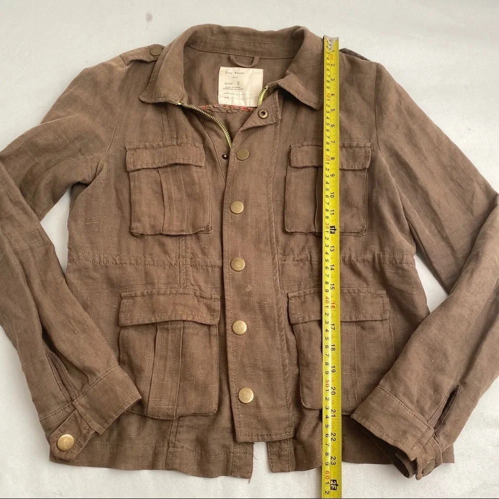 Free People olive Military Platoon linen full zip and snap utility jacket